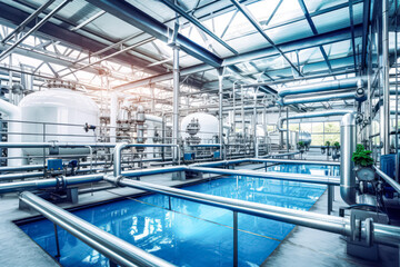 A water treatment tank with wastewater undergoing the aeration process, depicted in a calming shade of blue, illustrating the purification process. - obrazy, fototapety, plakaty