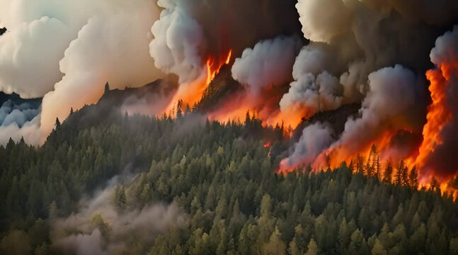 Massive wildfire engulfs forest in flames under a smoky sky