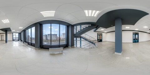 hdri 360 panorama view in empty modern hall with columns, doors and panoramic windows in...