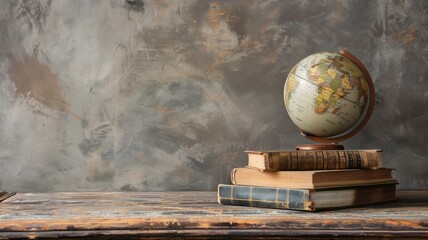 A classic scene with vintage books topped with a world globe on an old wooden table and grungy backdrop
