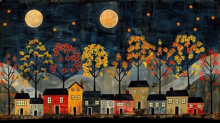 a painting of a night scene with a full moon in the sky and a row of houses in the foreground.