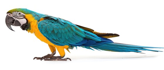 a blue and yellow parrot is standing on its hind legs and it's head turned to the side on a white background.