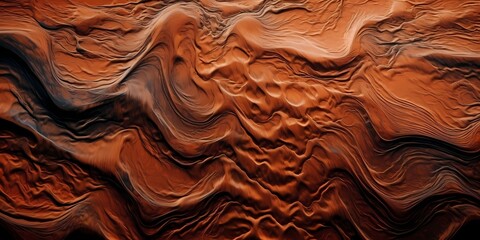 A close-up view reveals the intricate textures and patterns formed by the swirling currents of molten copper and molasses hues. - obrazy, fototapety, plakaty