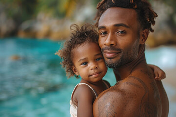 Fototapeta premium Father holds child in arms against background of tropical sea with palm trees