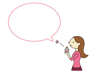 香水の香りを楽しむロングヘアの女性　吹き出し付　主線あり