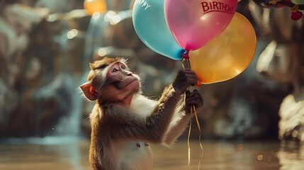 monkey with birthday balloons - obrazy, fototapety, plakaty