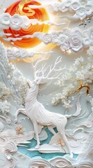 Fototapeta premium Paper Carving Deer Art Tapestry Rock Color Panel Painting - Murals an Elegant White Deer by The River with Golden Antlers and Patterns Ice and Snow Background created with Generative AI Technology