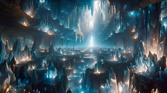 Mystical crystal cave with luminous formations and ethereal blue light
