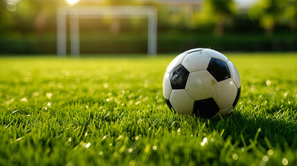 Fototapeta premium A soccer ball on a green soccer field flies into the goal
