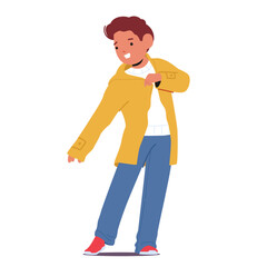 Small Boy Character Diligently Slips Into His Jacket, Readying Himself For Brisk Walk, Excitement Sparking In His Eyes