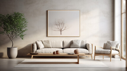 A modern living room with a minimalist decor and a neutral palette, including a grey sofa and a white armchair