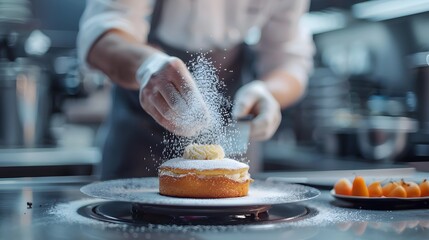 Chef cooking desserts in professional kitchen. Chef cook in a professional kitchen cooking cakes. Close up a cakes sprinkled with icing sugar. - obrazy, fototapety, plakaty
