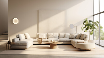 A modern living room with a minimalist decor and a neutral palette, including a grey sofa and a white armchair