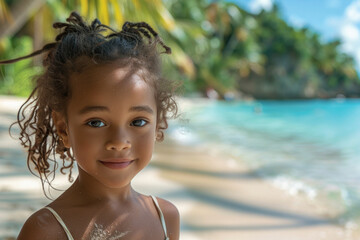 African child girl walking on sandy coast of tropical sea against background of palm trees
