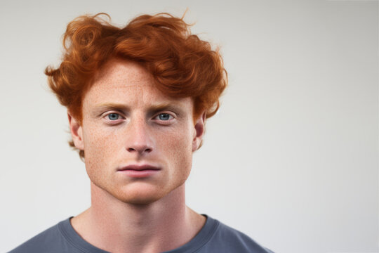 Earnest young man with cutly red hair and freckles on white background with copy space for text
