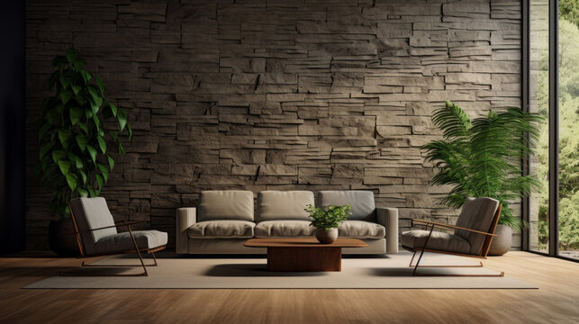 A modern living room with a stylish wood and stone wall, dark green plants, and cozy seating