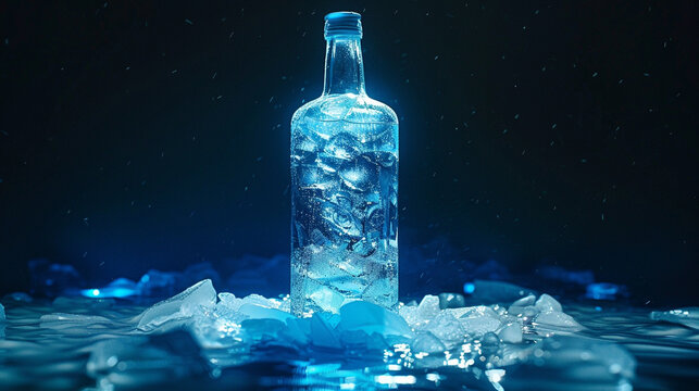 A frosty bottle of vodka emerges from the freezer, its icy exterior glistening under neon lights against a sleek black background, promising a refreshing chill.