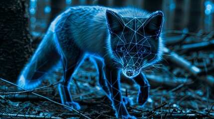 Close-up of a fox's muzzle in grid style. Polygonal computer image of a wild animal in the forest. Facial recognition grid on a live object. Illustration for cover, card, brochure or presentation.