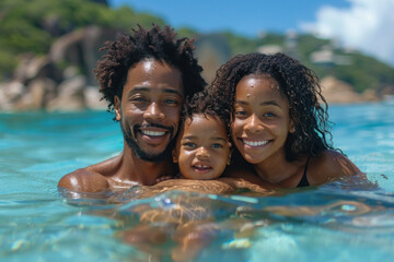 African family mom, dad and child swim on tropical sea against the background of palm trees