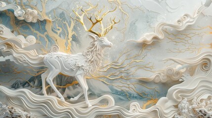 Paper Carving Deer Art Tapestry Rock Color Panel Painting - Murals an Elegant White Deer by The River with Golden Antlers and Patterns Ice and Snow Background created with Generative AI Technology