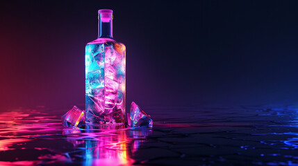 A frosty bottle of vodka from the freezer stands illuminated by neon lights against a black background, its icy exterior reflecting the vibrant hues, creating a mesmerizing visual display.