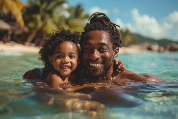 African father holds a child in his arms while swim in tropical sea with palm trees