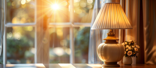 lamp on the table, window with sunlight