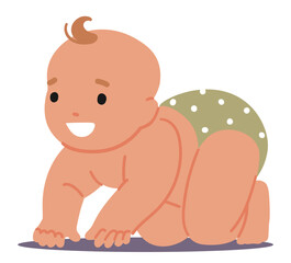 Baby Crawl, Infant Explore Surroundings Crawling On Hands And Knees. Little Child Develops Motor Skills, Curiosity