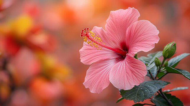 A vibrant pink hibiscus flower blooms against a backdrop  The green leaves and buds suggest a thriving plant, capturing the essence of a serene.