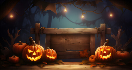 Halloween Jack-o'-lantern welcome signboard mockup with pumpkins lantern background template Autumnal Vibes