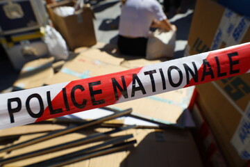 french police perimeter ribbon tape - obrazy, fototapety, plakaty