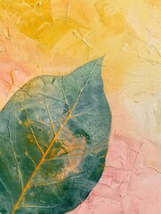 A painting portraying a vibrant green leaf set against a striking pink and yellow background, showcasing a harmonious contrast of colors and textures.