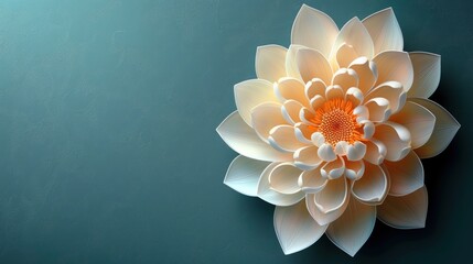 a close up of a white flower on a blue background with a white center and a yellow center on the center of the flower. - obrazy, fototapety, plakaty