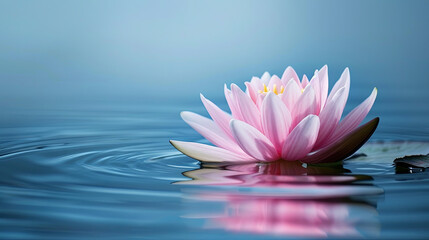 Pink lotus on the water in the sun on a blue background