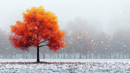 a tree that is in the middle of a field with leaves on the ground and snow falling on the ground.