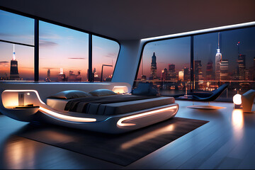 modern bedroom in a hotel with a great view on the skyline and sunset, luxury interior
