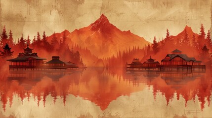 a painting of a mountain with a lake in the foreground and trees on the other side of the lake.