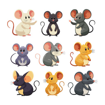 Mouse in cartoon funny style vector set. Cute creatures, small animals, childrens color illustration, rodents, bright graphics design isolated on white background