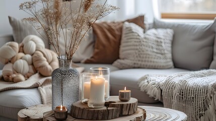 Fototapeta na wymiar Cozy and stylish living room interior. Couch with decorative cushions in pastel neutral colors and wooden table with candles, vase with dry plants and natural decorations