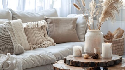 Fototapeta na wymiar Cozy and stylish living room interior. Couch with decorative cushions in pastel neutral colors and wooden table with candles, vase with dry plants and natural decorations