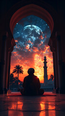 Silhouette of people celebrating, postcard islamic holiday banner suitable for Ramadan, Raya Hari, Eid al-Adha and Mawlid against the background of the crescent moon of the holy nose and mosque.