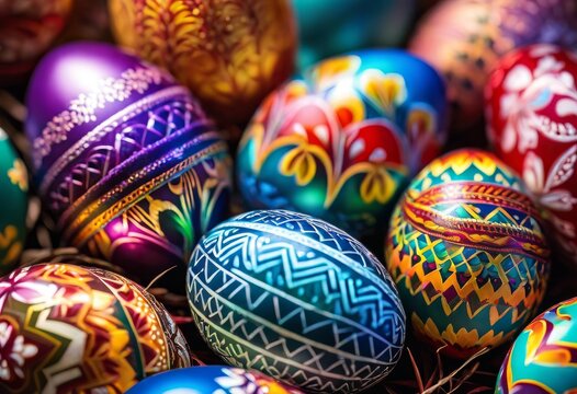 illustration, vibrant close photography decorated easter eggs featuring spectrum colors intricate patterns, artistic, backdrop, bright, celebration, colorful