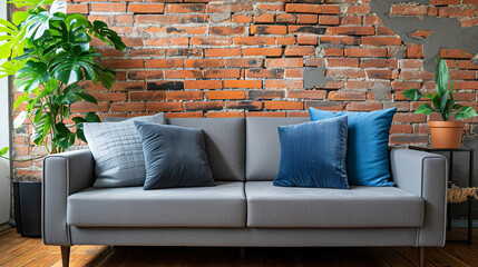 Photography studio decor with gray sofa and red brick wall