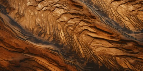 A close-up view reveals the intricate textures and patterns formed by the swirling currents of molten copper and molasses hues. - obrazy, fototapety, plakaty