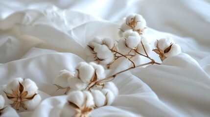 Elegant Cotton Bolls on White Fabric. Soft cotton bolls resting on delicate white cotton fabric, symbolizing natural fibers and purity. - obrazy, fototapety, plakaty
