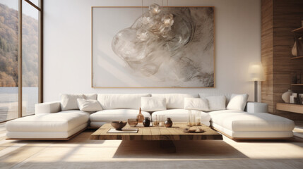A modern living room featuring a white couch, a glass coffee table, and an abstract art piece on the wall