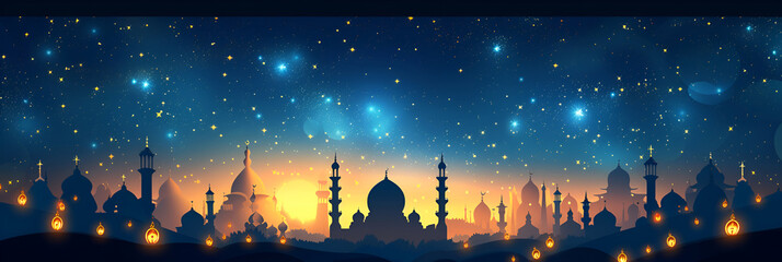 Modern Islamic holiday banner suitable for Ramadan, Raya Hari, Eid al-Adha and Mawlid. A lit lantern on an evening background. - obrazy, fototapety, plakaty