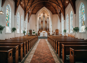 interior church with wooden pews and a high arched ceiling