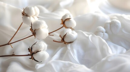Elegant Cotton Bolls on White Fabric. Soft cotton bolls resting on delicate white cotton fabric, symbolizing natural fibers and purity. - obrazy, fototapety, plakaty