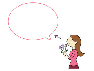 ラベンダーの香りを楽しむロングヘアの女性　吹き出し付　主線あり